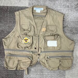 Vintage Camel Men Tan Utility Fishing Vest Boy Scouts Troop Chairman Patch XL